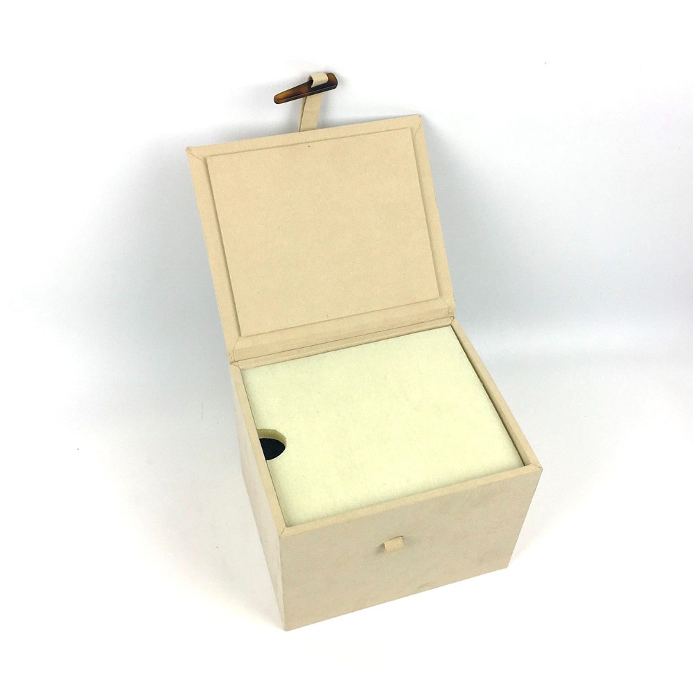 Beige Fabric Wrapped Hinged Gift Box with Toggle Closure Beige Fabric Wrapped Hinged Gift Box with Toggle Closure