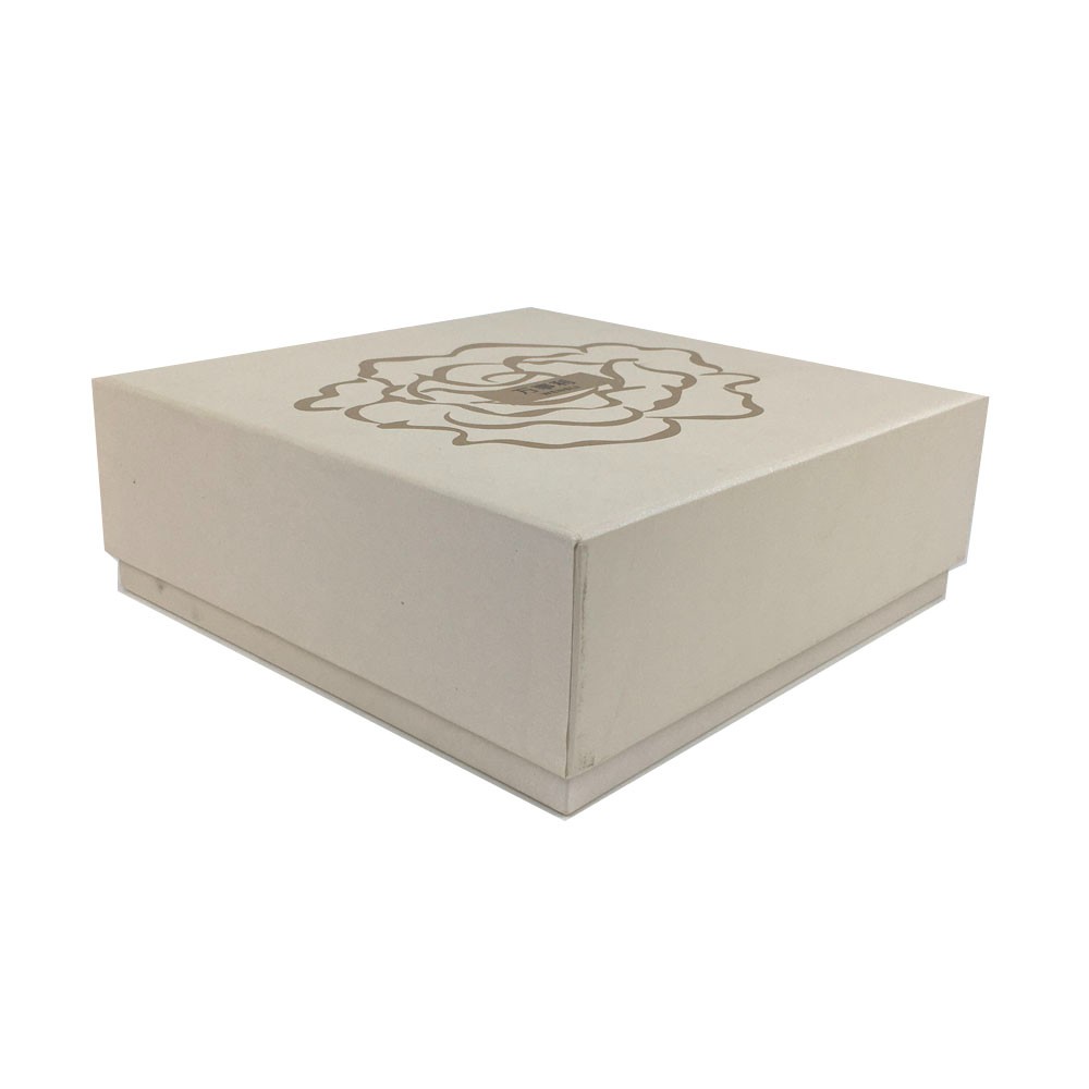 Custom Ivory Square Lid Base Rigid Cosmetic Gift Boxes with Gold Foil Rose Logo