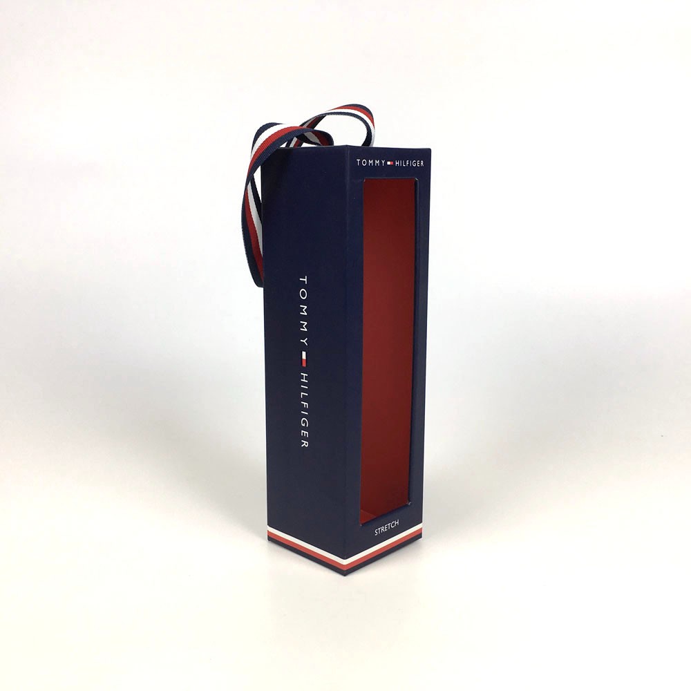 Custom Navy Long Tube Rigid Gift Boxes with PVC Window and Woven Ribbon Handle