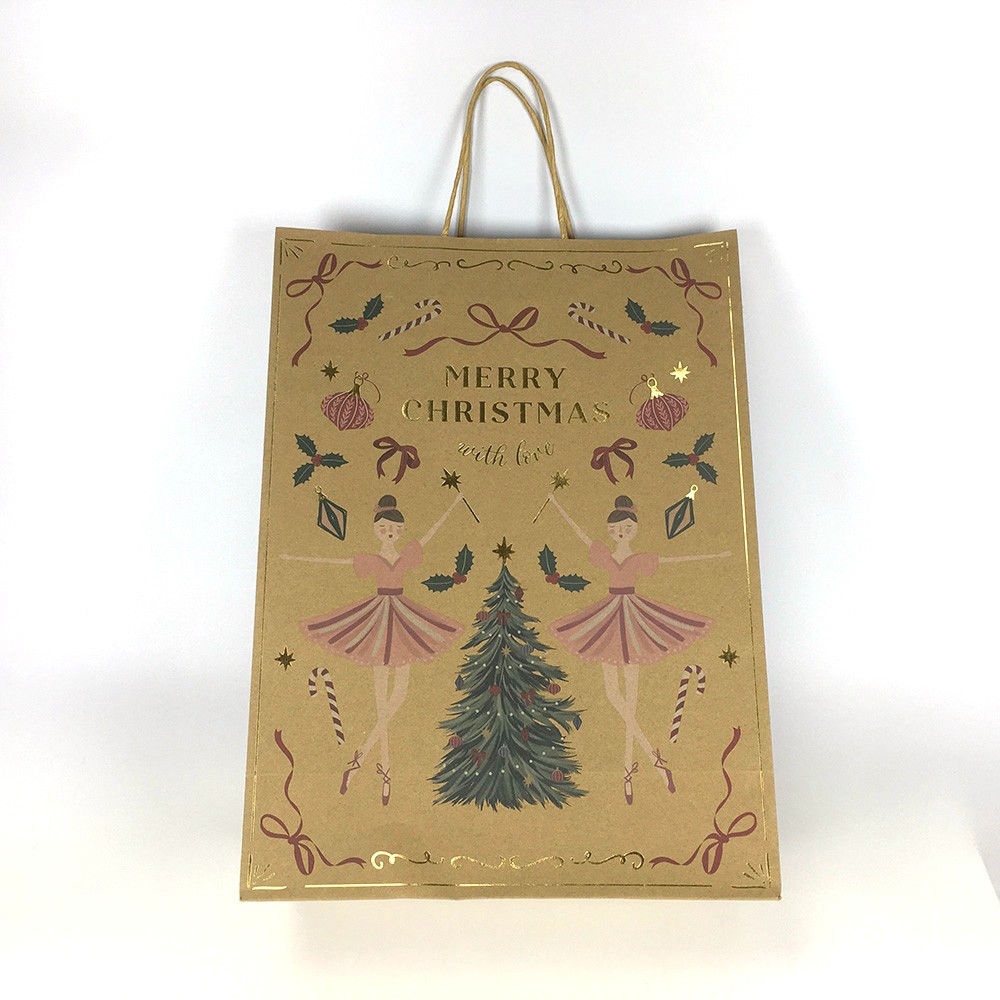 Custom Printed Kraft Paper Christmas Gift Shopping Bag with Gold Foil & Twisted Paper Handles