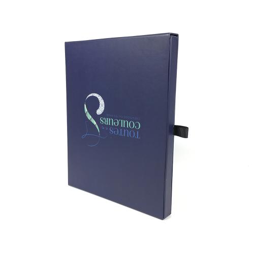 Dark Navy Pull-Out Slide Drawer Rigid Box with Fabric Ribbon Tab