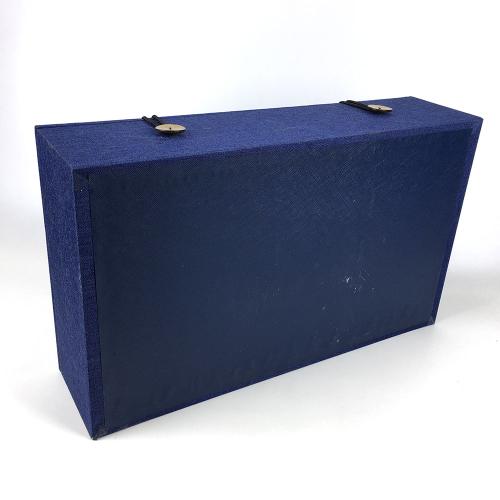 Deep Blue Linen Wrapped Hinged Tea Set Storage Box with Wooden Toggle Fasteners