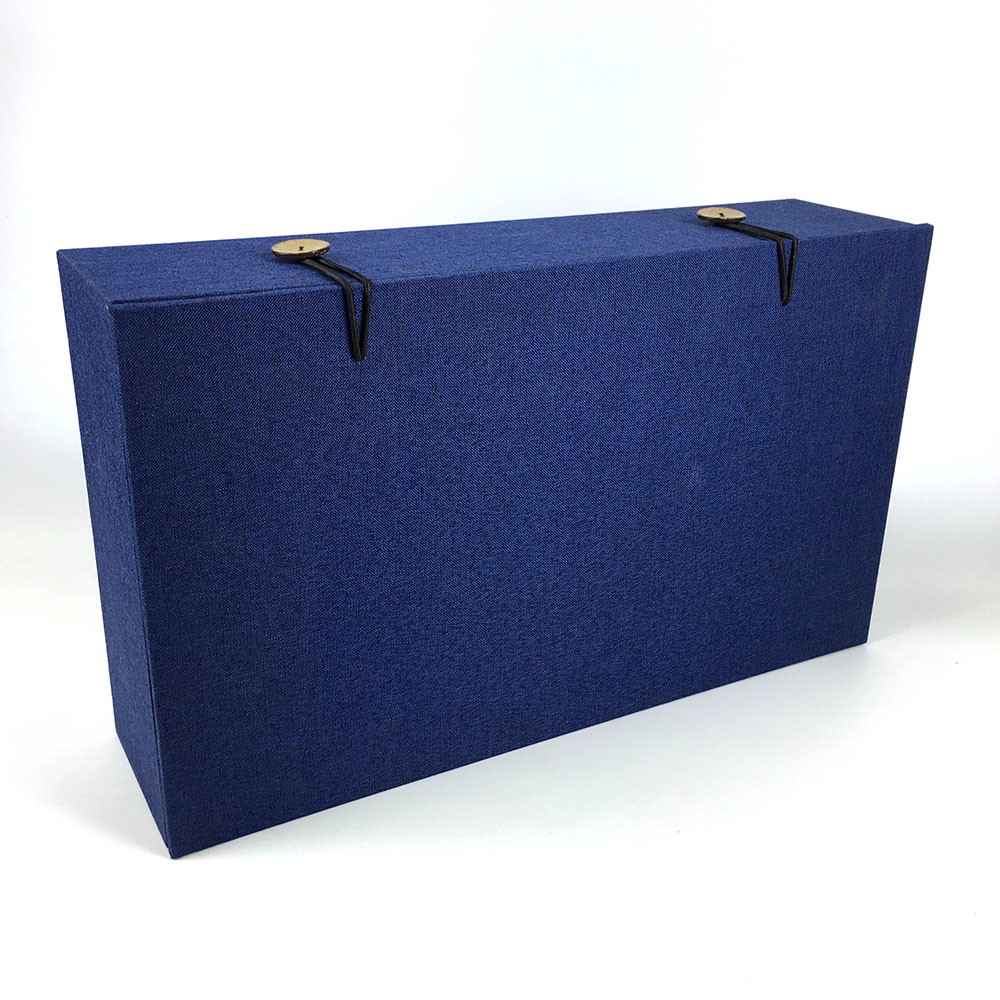 Deep Blue Linen Wrapped Hinged Tea Set Storage Box with Wooden Toggle Fasteners