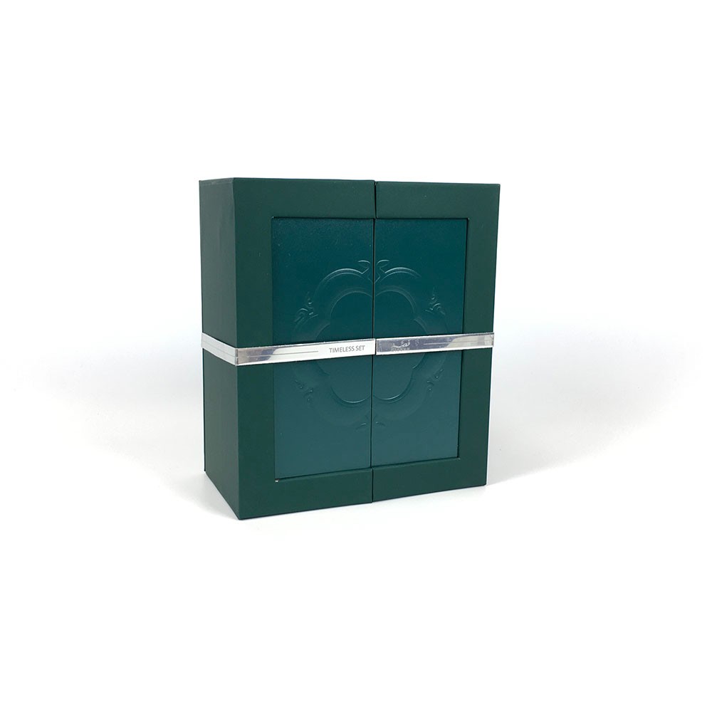 Deep Forest Green Dual Door Embossed Rigid Gift Case with Silver Band Strap