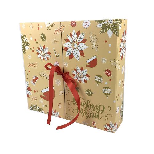 Matte Tan Dual-Sided Christmas Print Flip Gift Box with Binding Ribbon