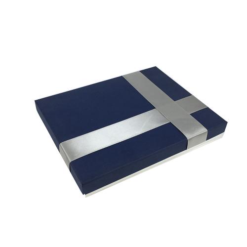 Navy Fabric Wrapped Lid Base Box with Cross Satin Ribbon Band
