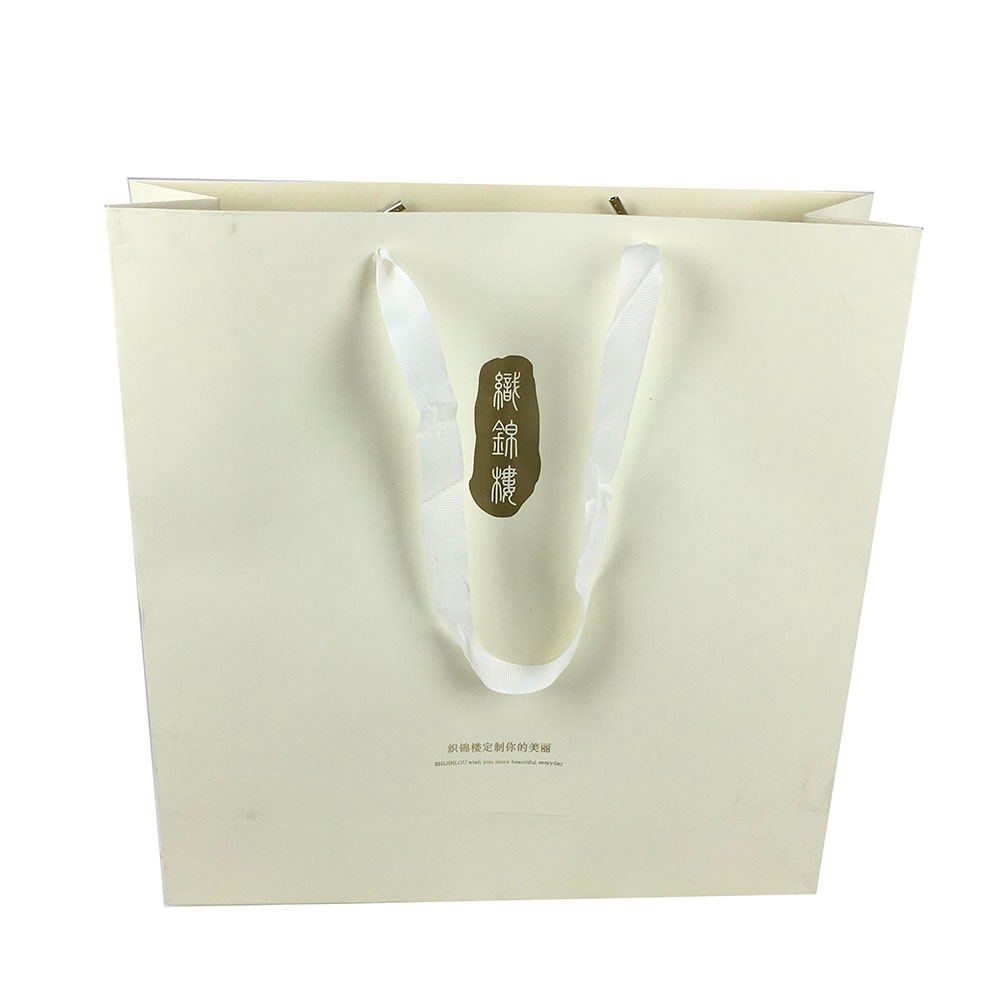 OEM Matte White Cardboard  Paper Gift Bags with Gold Foil Embossed Logo &  Ribbon Handle