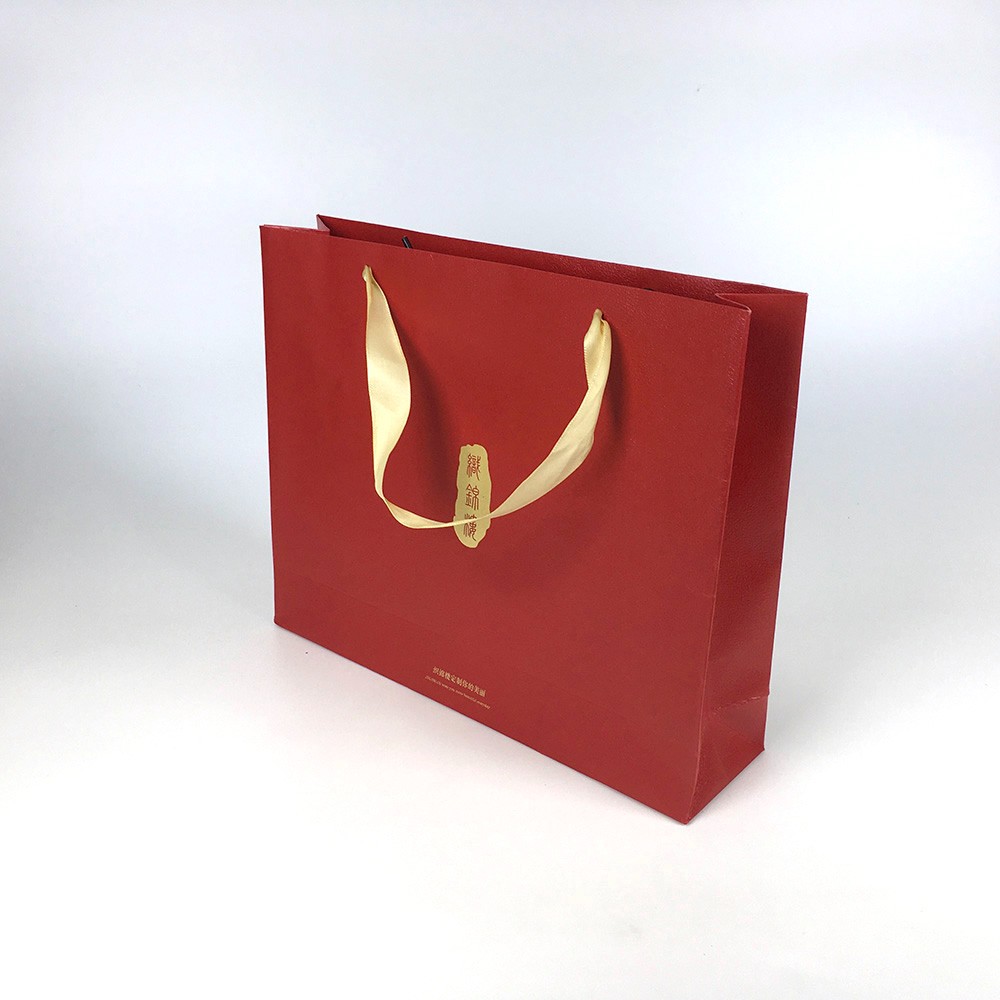 Red Faux Leather Texture Paper Gift Bag with Gold Foil & Ribbon Handle