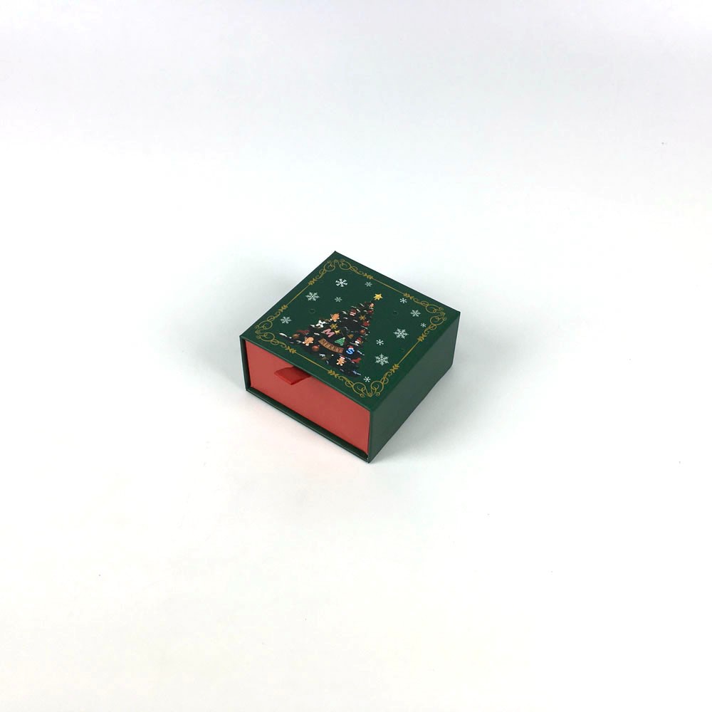 Two-Tone Christmas Tree Printed Slide Drawer Small Square Rigid Holiday Gift Boxes