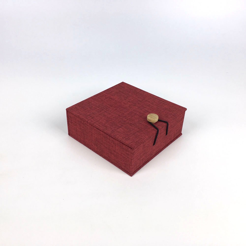 Wine Red Linen Fabric Wrapped Magnetic Flip Rigid Jewelry Gift Boxes with Wooden Button Cord Closure